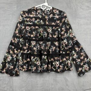 RO&DE Black‎ Floral Bell Sleeve Tiered Lace Trim Sheer Boho Blouse XS